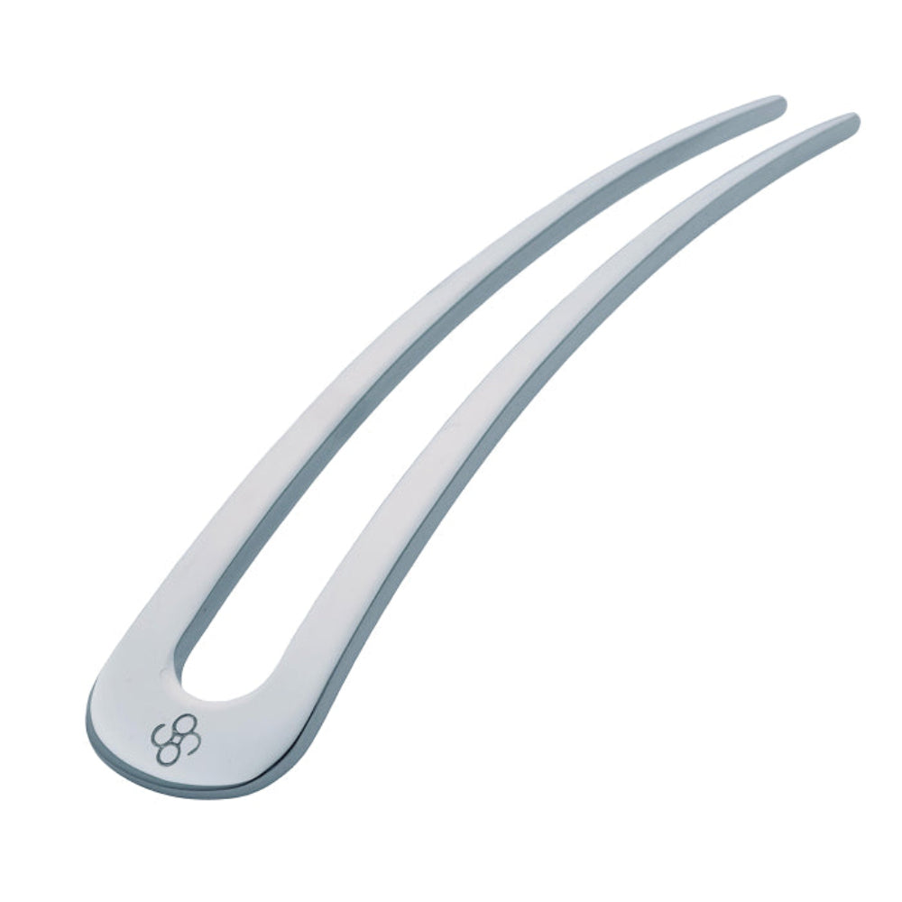 A silver-colored steel U-pin hair accessory with a sleek, curved design.